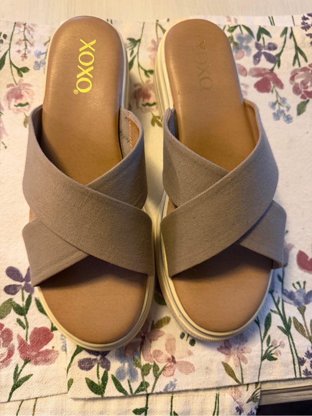 XOXO Taupe Crisscross Slide Mules